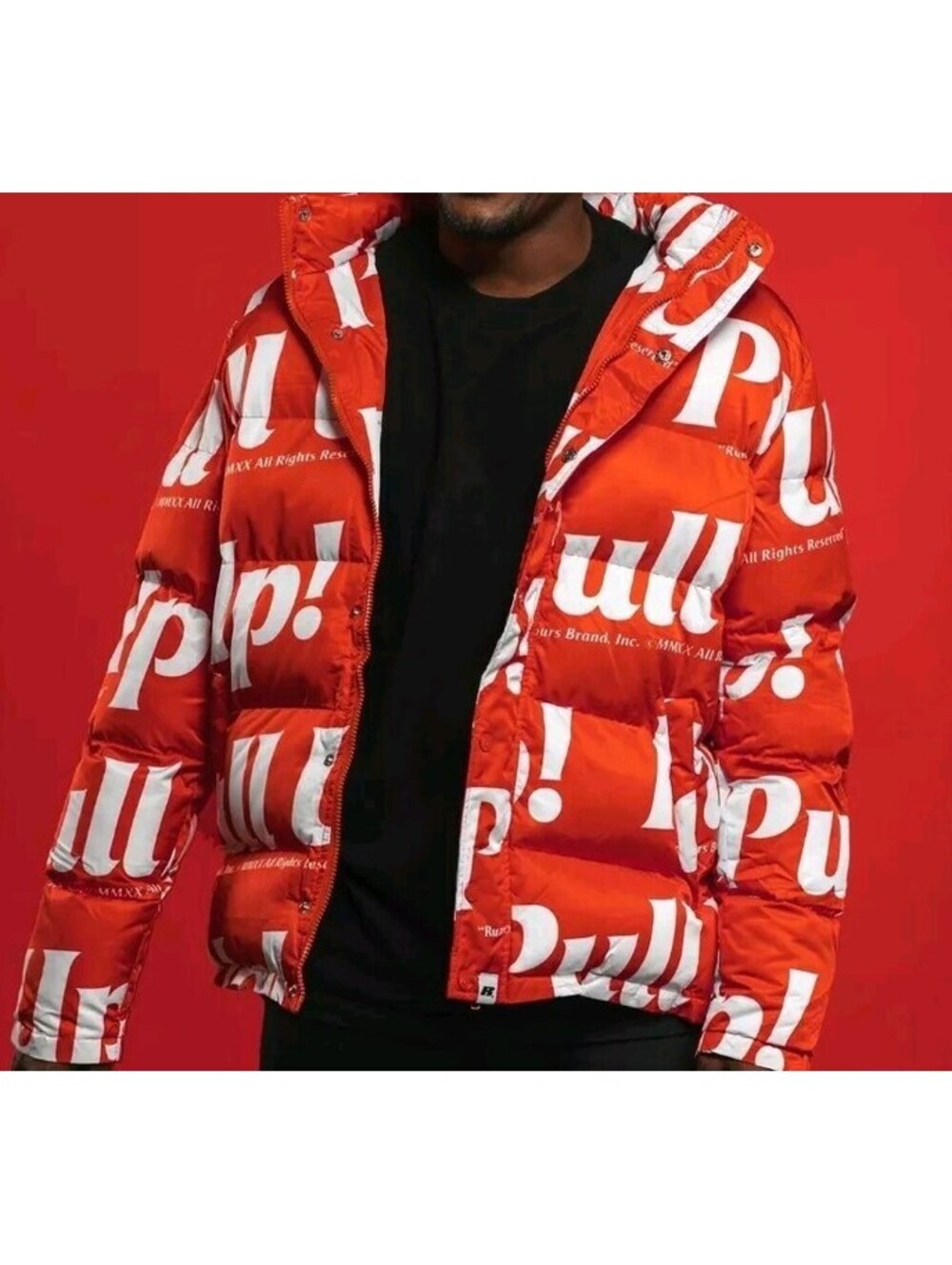 NWT Size LARGE Rumours Brand 'PULL UP!' Hooded Puffer Coat Red & White Jacket